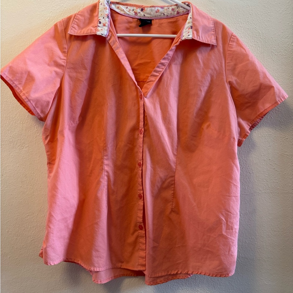 Basic Editions Coral Short Sleeve Button Front Top Blouse Collared Shirt 1X